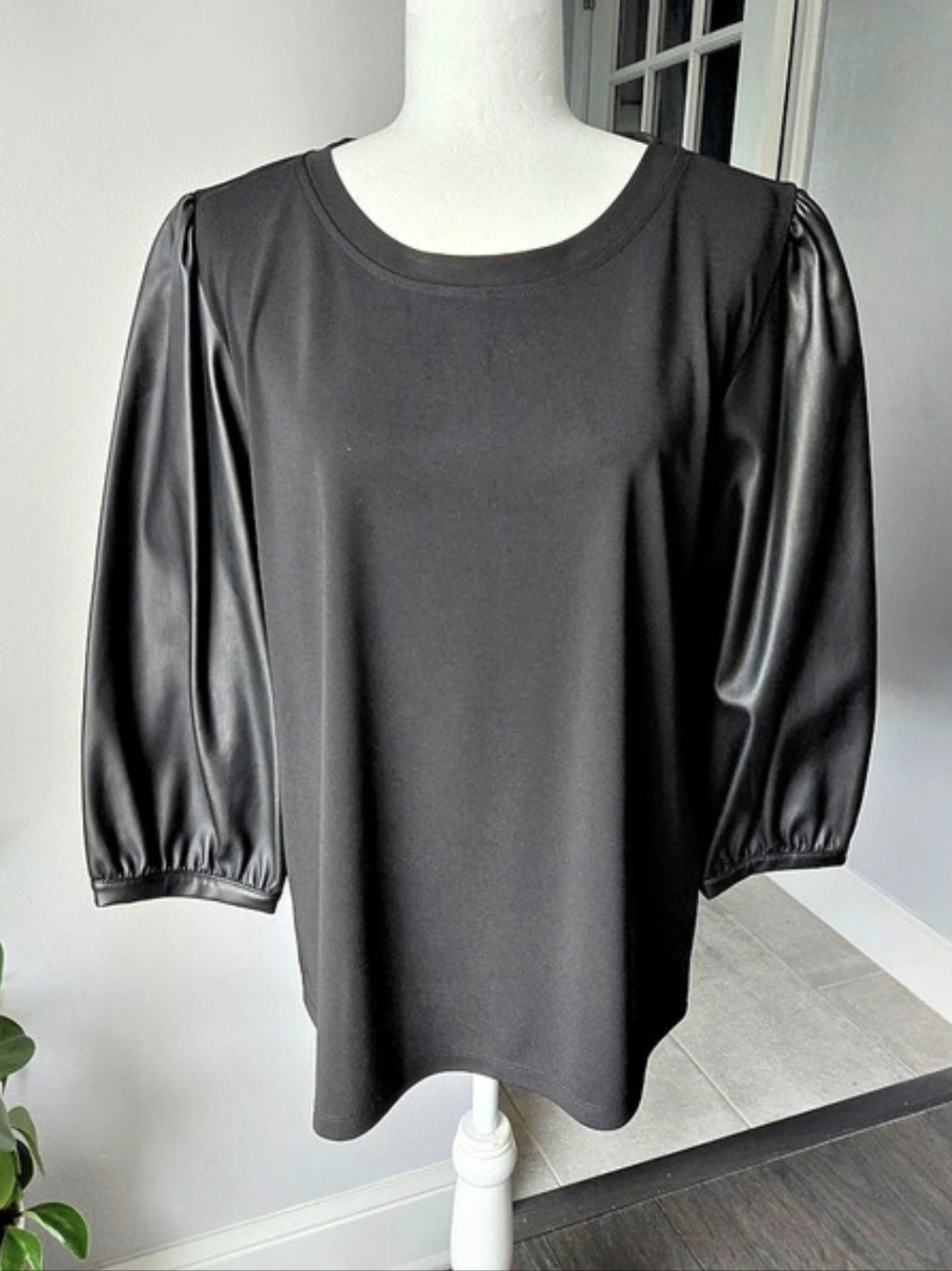 Karl Lagerfeld Paris Black Faux Leather Puff Sleeve Blouse Mixed-Media Top - L